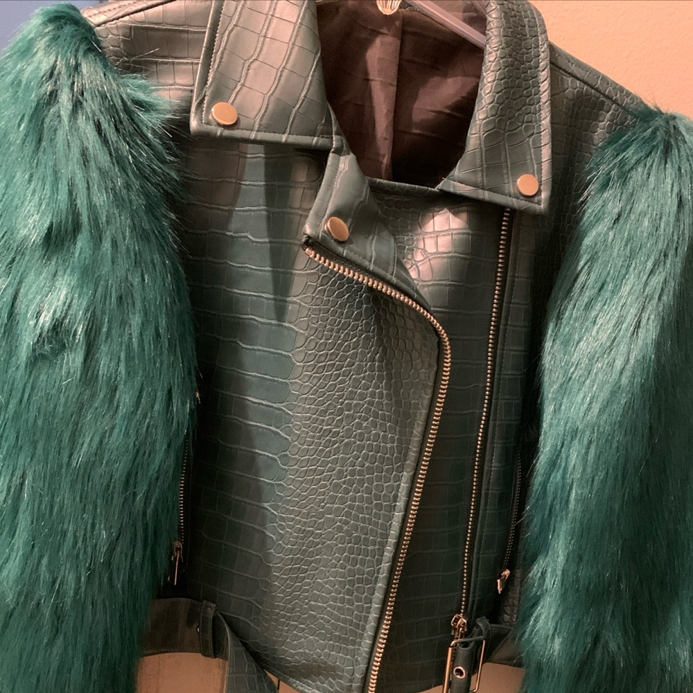 Emerald Faux Fur and Croc-Embossed Leather Jacket